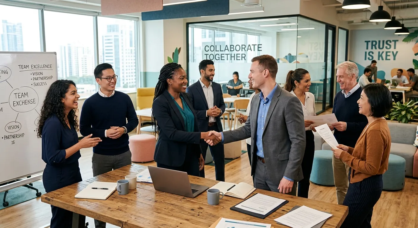 A diverse group of professional, happy employees in a modern office setting, shaking hands and collaborating. Style is bright, professional, and aspirational, conveying trust and long-term partnership.
