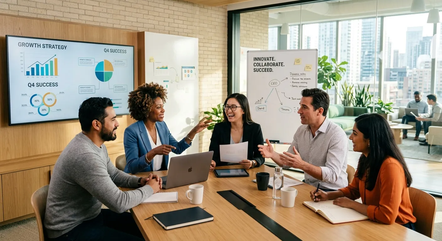A modern, diverse team of professionals collaborating in a bright, sunlit office, looking confident... A modern, diverse team of professionals collaborating in a bright, sunlit office, looking confident and engaged. Style: Corporate, vibrant, and aspirational.
