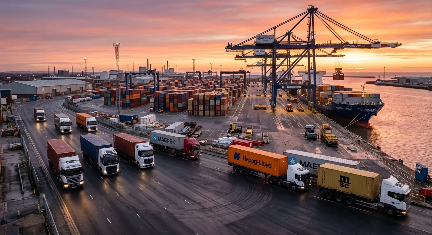 A wide-angle photograph of the Port of Hull at sunrise, showing several HGVs on the move along the quayside with containers in the background.