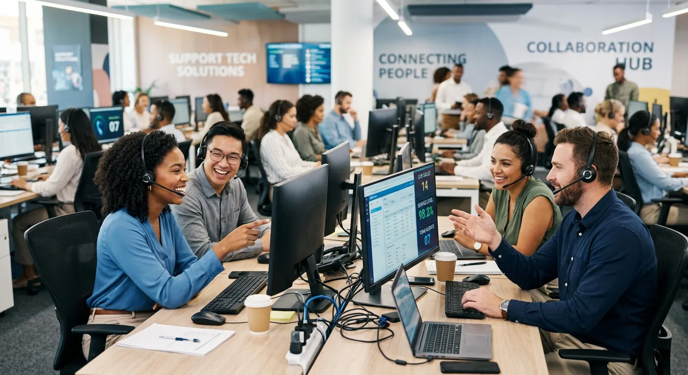 A diverse, professional team of customer service representatives in a modern contact centre, smiling... A diverse, professional team of customer service representatives in a modern contact centre, smiling and wearing headsets. The mood is energetic, collaborative, and high-tech, with a focus on teamwork and communication.
