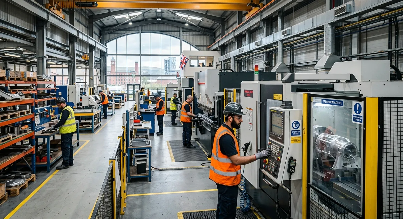 A modern industrial plant or factory floor in the Manchester area, with workers in high-visibility clothing operating machinery safely. Professional, bright, and action-oriented mood.