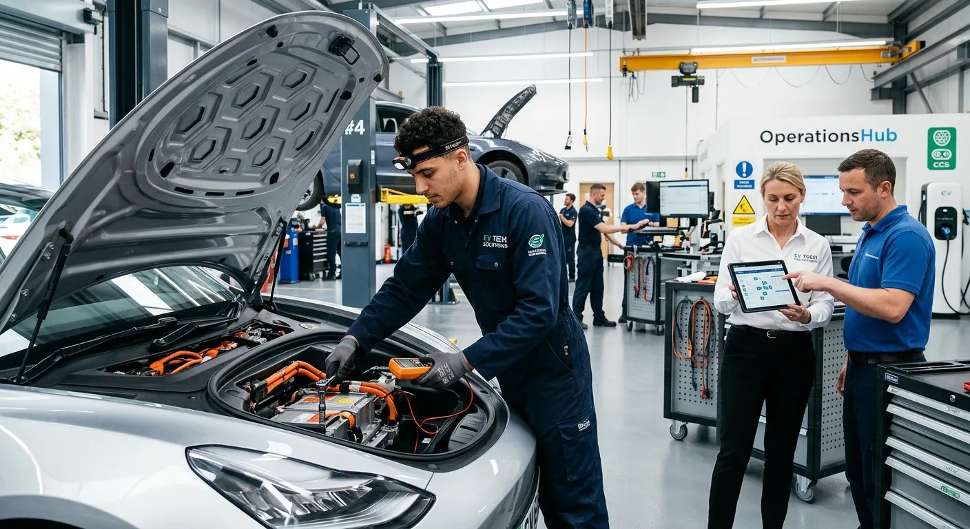 A dynamic, high-energy photo of a modern automotive workshop in action. A skilled technician in clea... A dynamic, high-energy photo of a modern automotive workshop in action. A skilled technician in clean overalls works on an electric vehicle's engine bay, with a focused expression. In the background, a manager reviews a tablet with another team member. The style is professional, bright, and conveys precision and technological advancement.