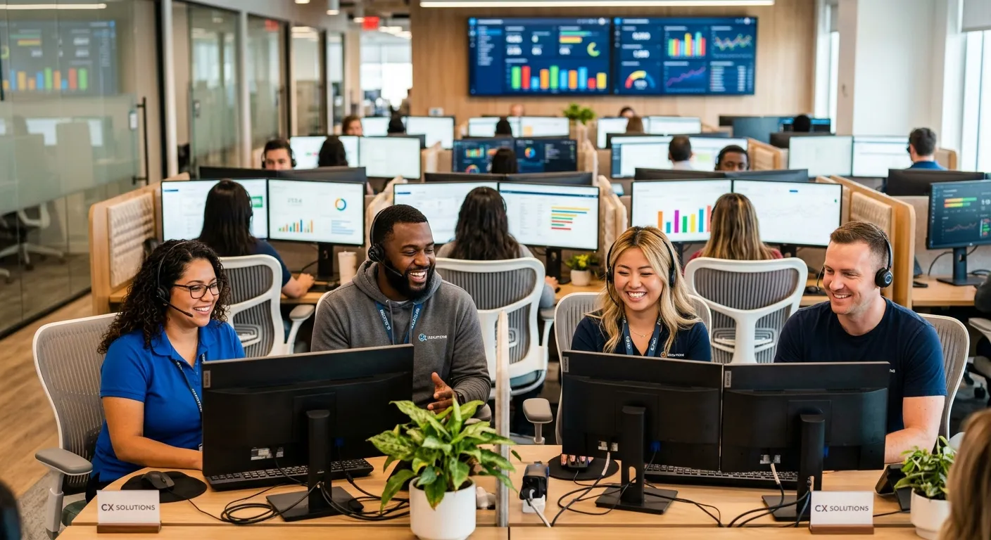 A diverse, professional team of customer service representatives in a modern contact centre, smiling... A diverse, professional team of customer service representatives in a modern contact centre, smiling and wearing headsets, with a blurred background of monitors displaying analytics dashboards. Style: Bright, professional, and engaging.