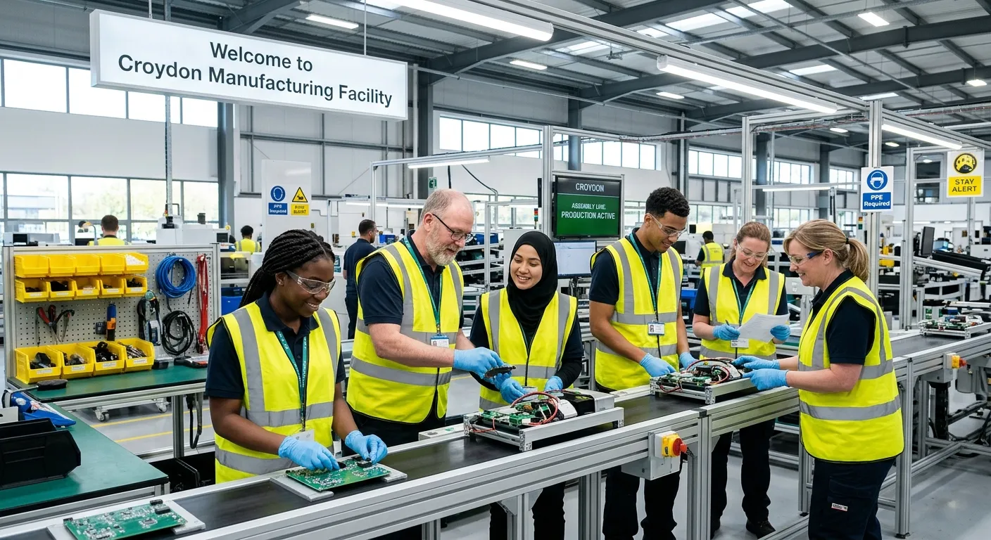 A modern, well-lit manufacturing facility in Croydon, showing a diverse team of operatives collaborating on an assembly line. Focus on safety gear (high-vis, goggles), organized workspace, and a mix of ages and backgrounds, conveying a professional, efficient, and inclusive work environment.