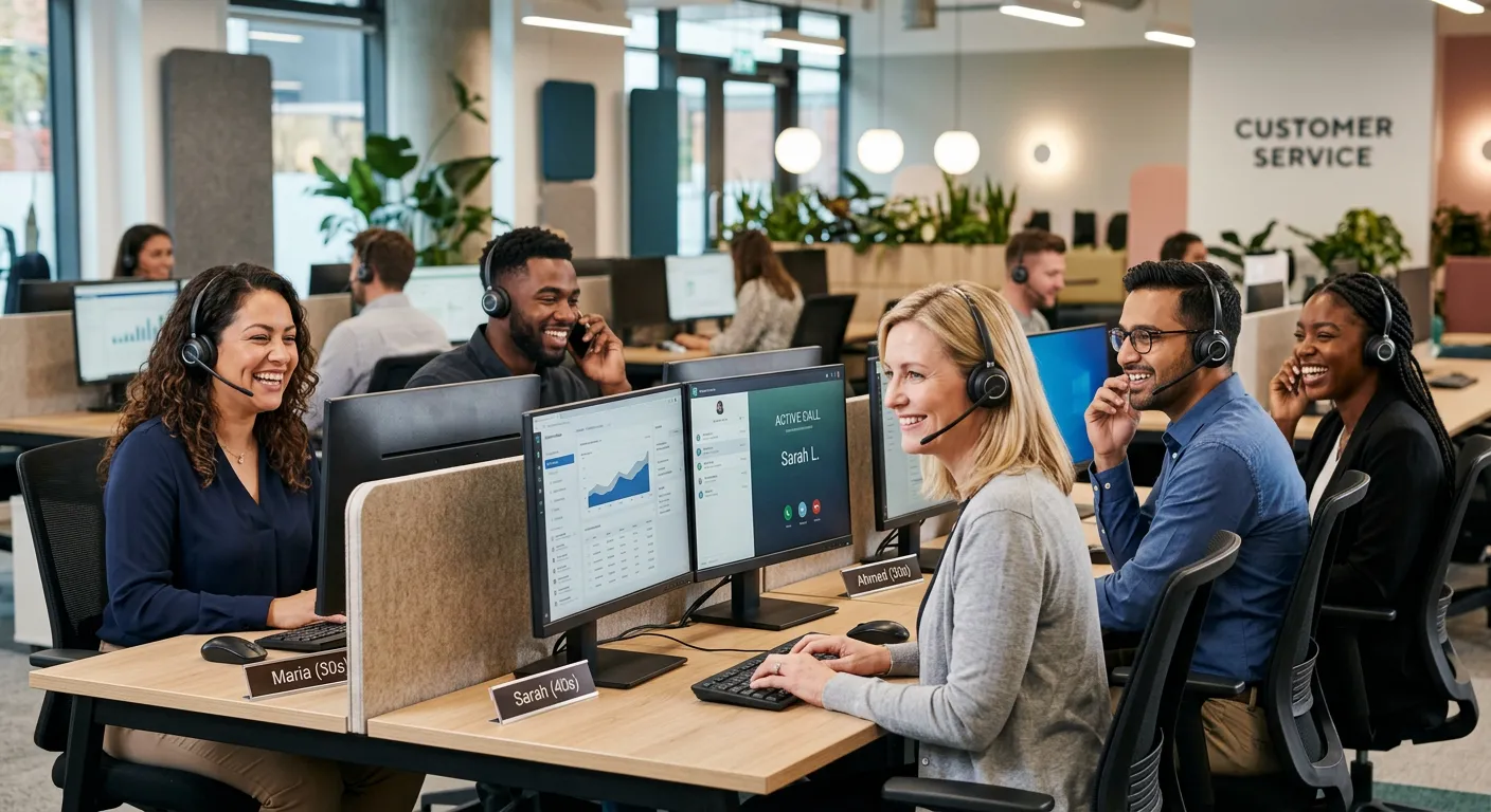 A professional, diverse team of customer service representatives in a modern call centre, smiling an... A professional, diverse team of customer service representatives in a modern call centre, smiling and wearing headsets. The mood is confident, efficient, and welcoming. High-contrast, professional photography.