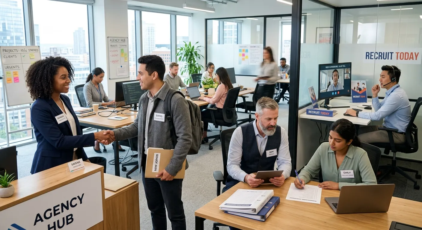 A professional, high-energy scene in a modern office. A diverse group of temporary workers and agency recruiters are collaborating. One person is being welcomed on their first day, another is reviewing a checklist with a manager, and a recruiter is on a video call. The mood is dynamic, efficient, and solution-oriented.