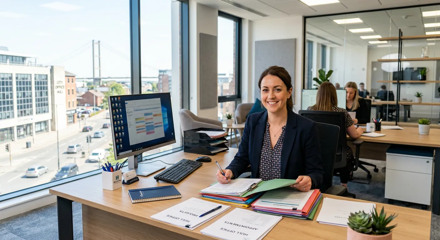 A professional, welcoming office environment in Hull city centre, showing a friendly administrator a... A professional, welcoming office environment in Hull city centre, showing a friendly administrator at a modern desk, organising paperwork and smiling at the camera. Bright, natural lighting, professional attire.