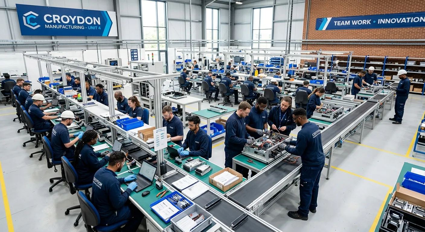 A dynamic, high-angle shot of a modern, well-lit manufacturing facility in Croydon, showing skilled... A dynamic, high-angle shot of a modern, well-lit manufacturing facility in Croydon, showing skilled technicians working collaboratively on an assembly line. Professional and vibrant mood.
