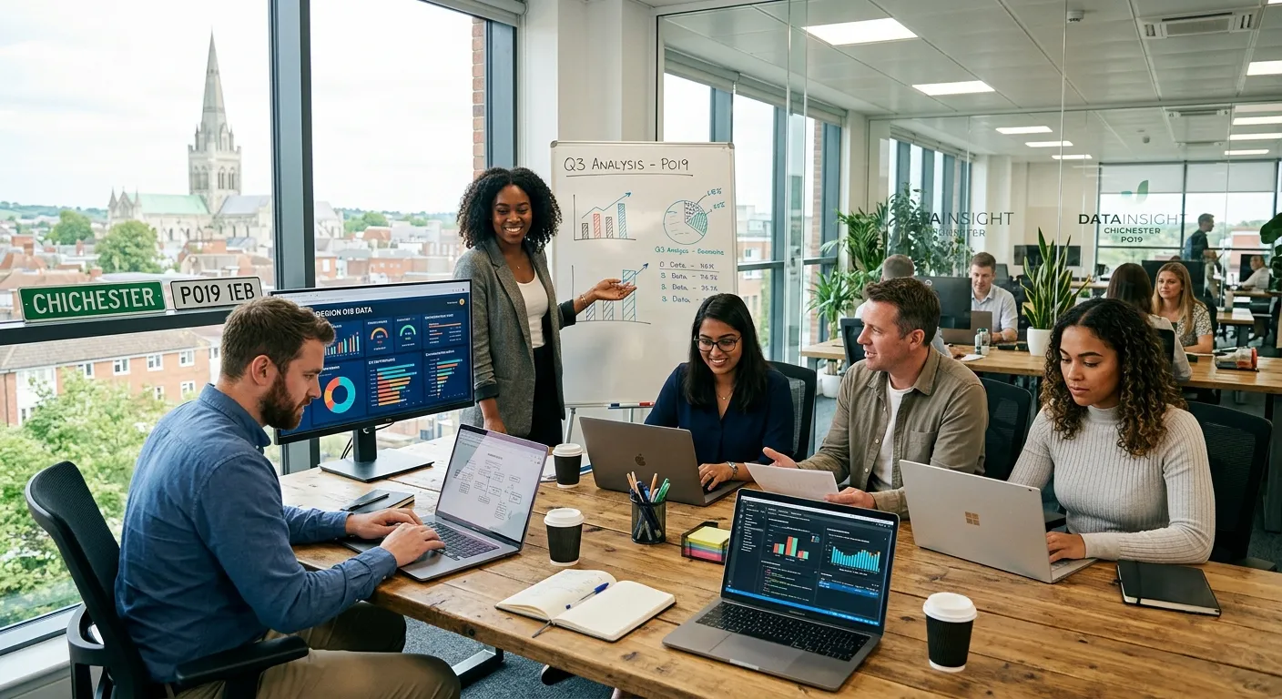 A professional, engaging hero image showing a diverse team of analysts collaborating in a modern office environment in the PO19 area, with laptops, data screens, and a confident, focused atmosphere.