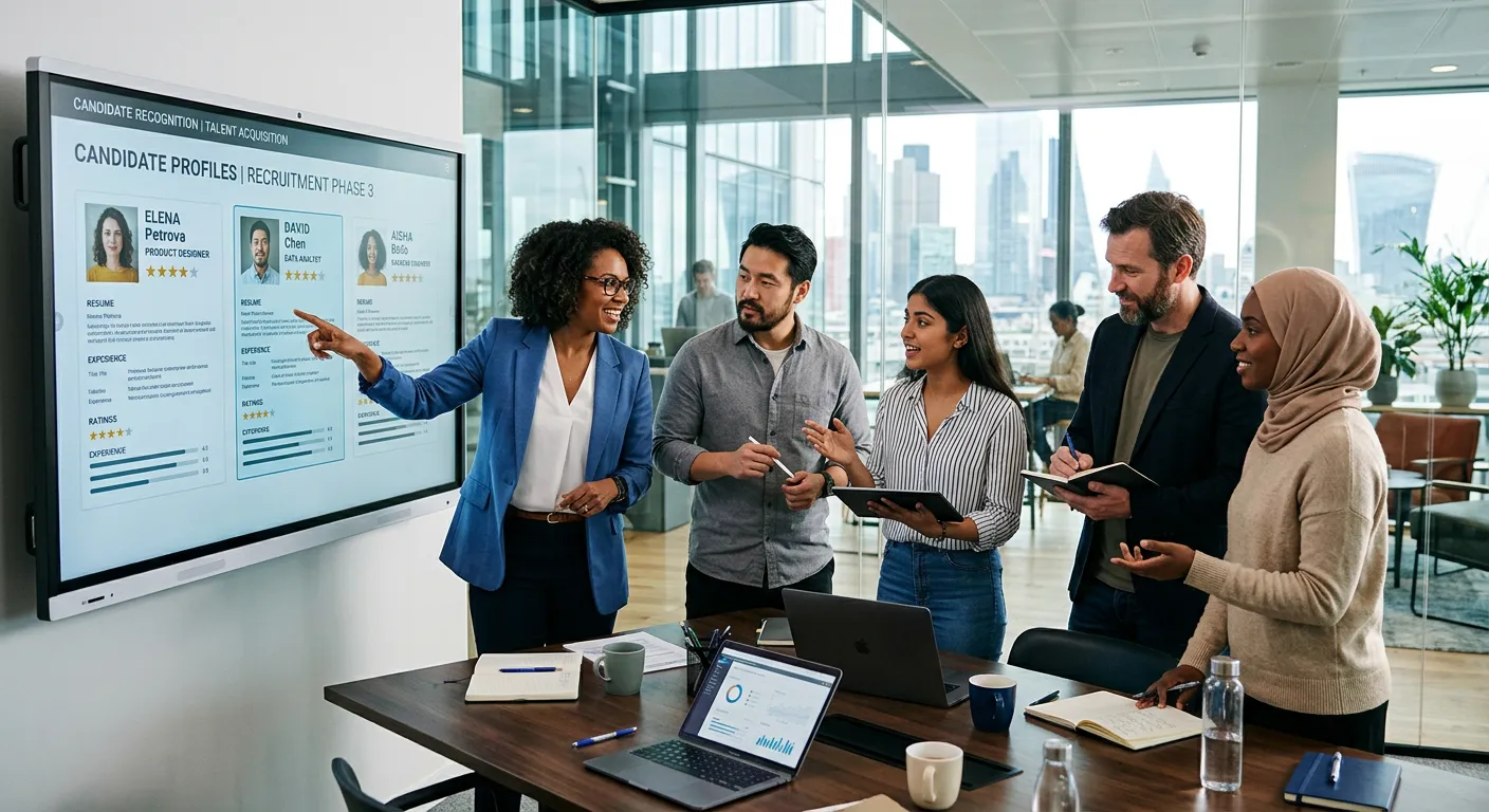 A diverse team of professionals collaborating in a modern, glass-walled office. They are reviewing c... A diverse team of professionals collaborating in a modern, glass-walled office. They are reviewing candidate profiles on a large digital screen. The mood is focused, strategic, and forward-thinking.