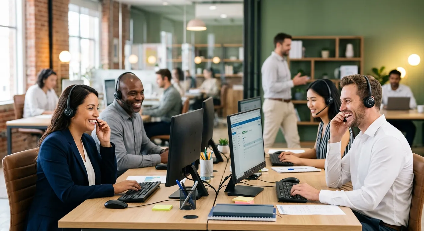 A professional, diverse group of customer service representatives in a modern call center or office... A professional, diverse group of customer service representatives in a modern call center or office environment, smiling and wearing headsets, with a soft-focus background suggesting teamwork and technology. Style: Bright, professional, and welcoming.
