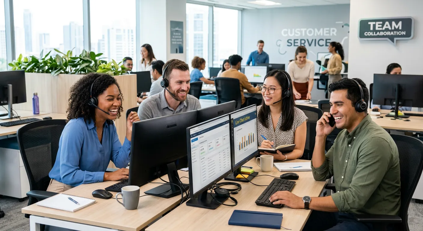 Professional, diverse customer service team in a modern call centre or office, smiling and wearing headsets, collaborating in a bright, well-lit workspace. Style: Corporate, authentic, high-energy mood.