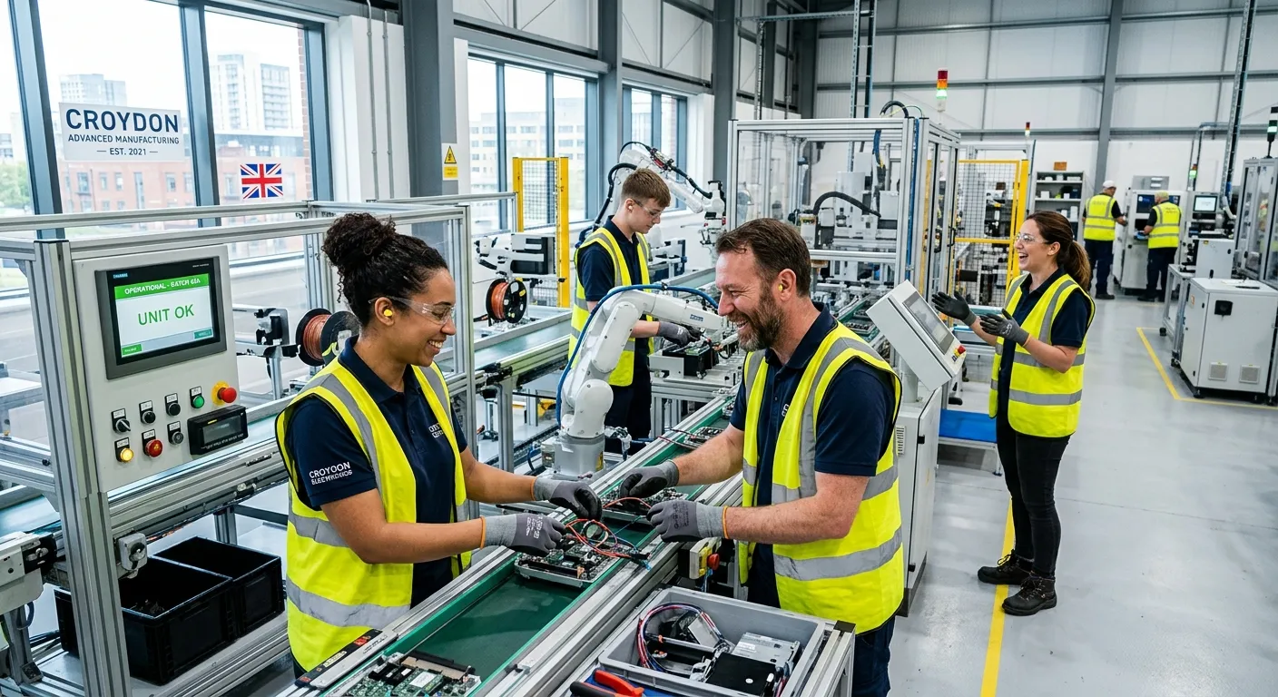 A dynamic, high-energy shot of a modern, clean manufacturing facility in Croydon. Workers in safety gear are collaboratively operating machinery on a bright assembly line, showcasing technology and teamwork. Professional, optimistic mood.