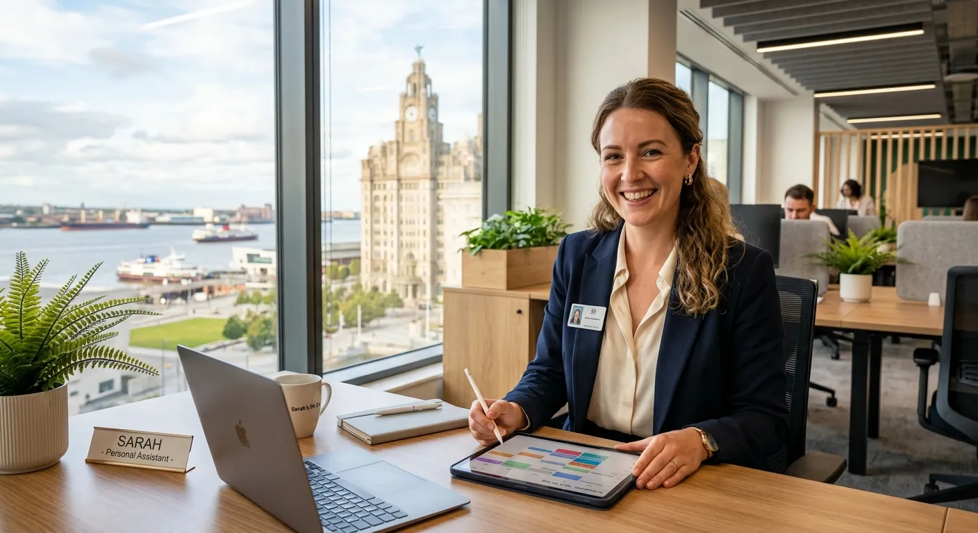 A professional, friendly-looking Personal Assistant in a modern Liverpool office setting, smiling while organising a calendar on a tablet, with the Liverpool waterfront visible through a window. Style: Bright, professional, and welcoming.