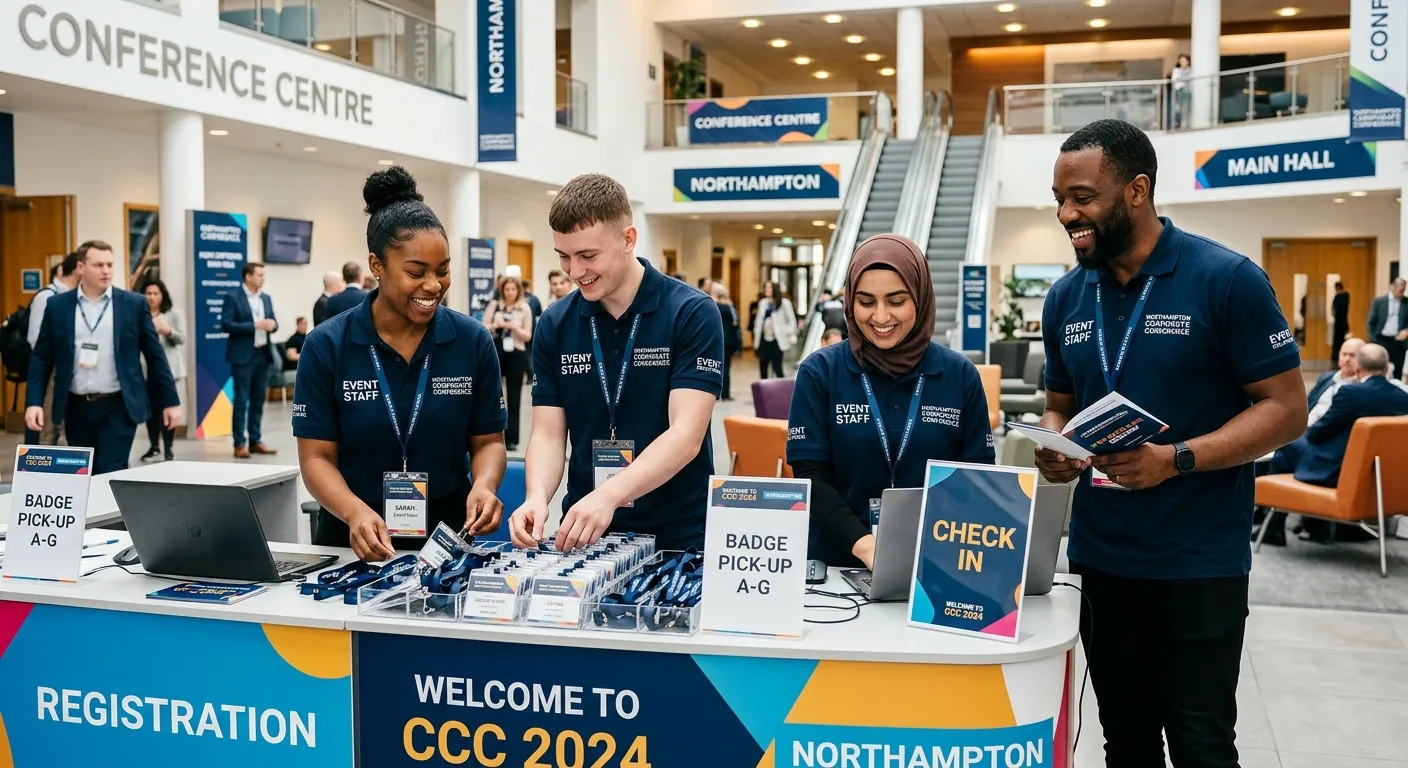 A dynamic, professional photo of a diverse team of Event Staff working together at a corporate confe... A dynamic, professional photo of a diverse team of Event Staff working together at a corporate conference in Northampton. They are smiling, engaged, and setting up a registration desk, wearing branded polo shirts. The mood is energetic, professional, and welcoming.