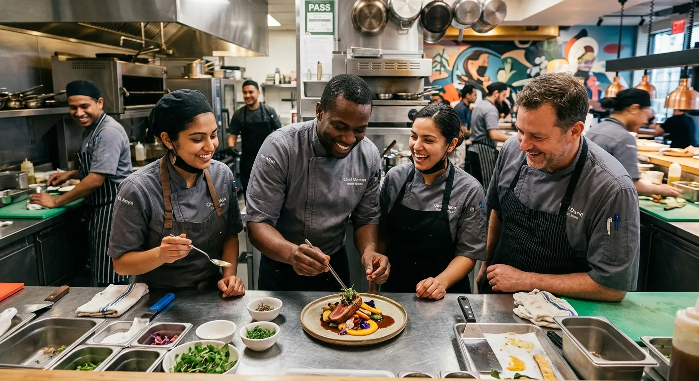 A diverse, professional kitchen team in a modern restaurant kitchen, smiling and collaborating over... A diverse, professional kitchen team in a modern restaurant kitchen, smiling and collaborating over a beautifully plated dish, showcasing a positive and focused team culture.