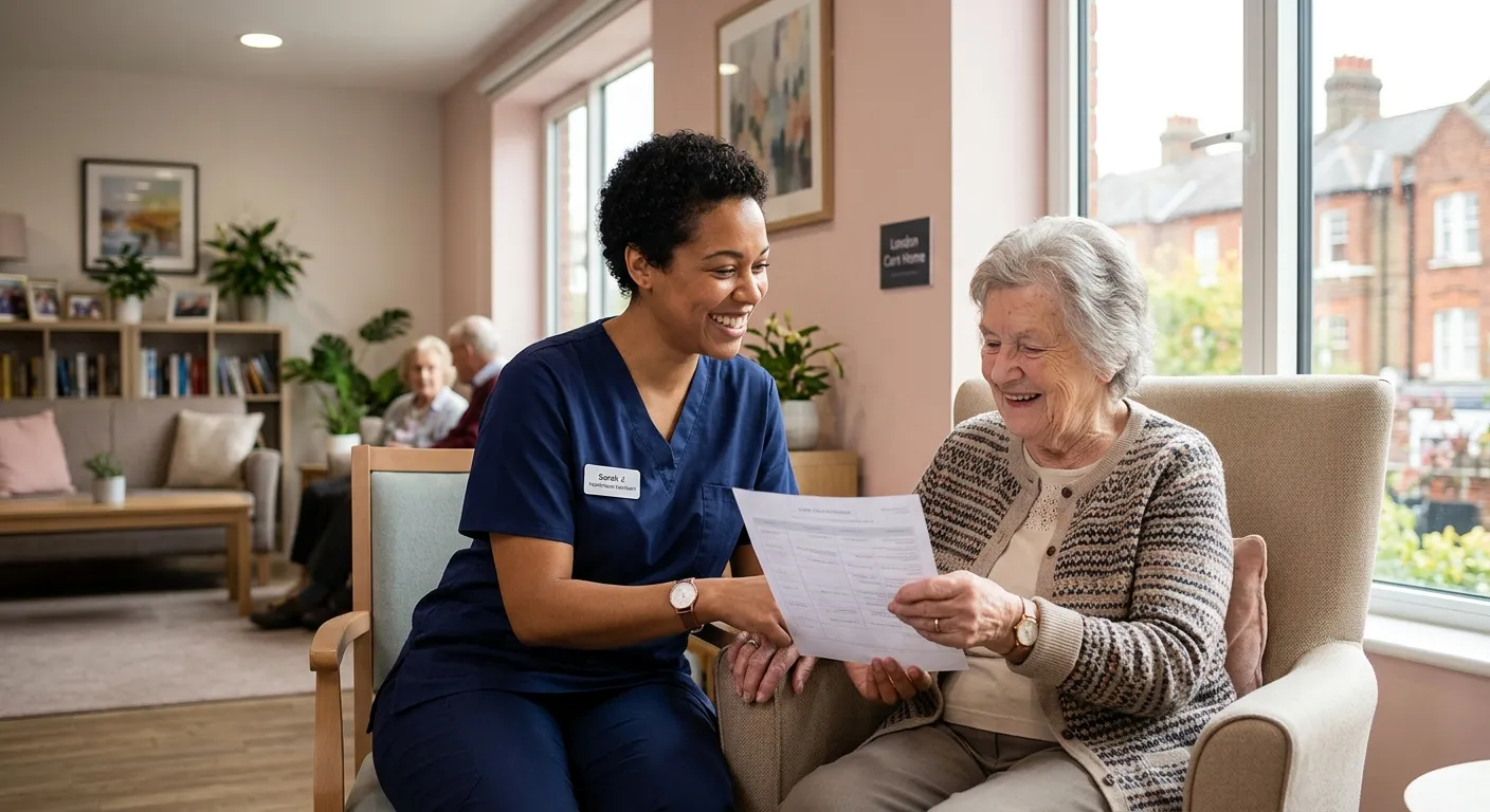 A professional, welcoming photo of a Healthcare Assistant in a modern London care setting, smiling a... A professional, welcoming photo of a Healthcare Assistant in a modern London care setting, smiling and assisting a patient. Warm, natural lighting, emphasising trust and compassion.