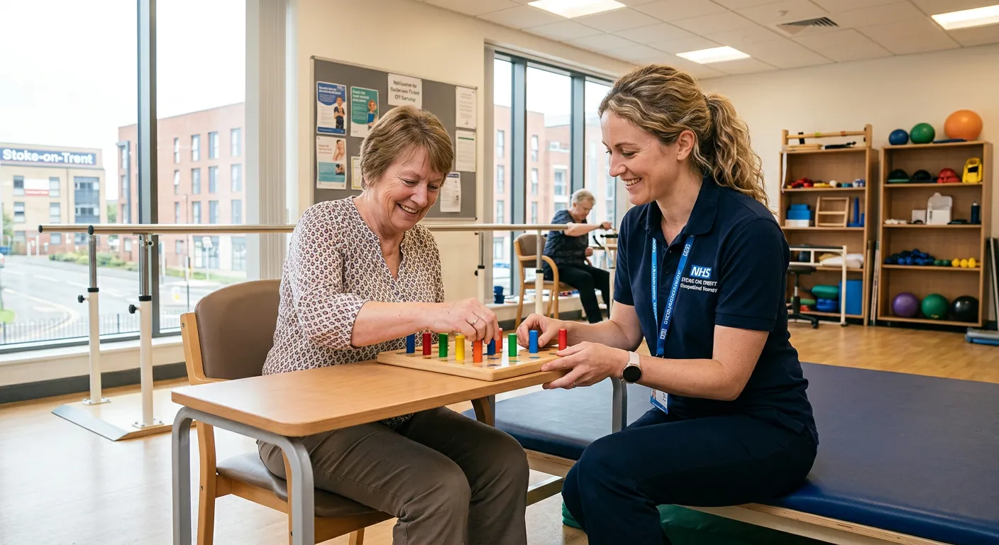 A professional and empathetic occupational therapist working with a patient on a rehabilitation exer... A professional and empathetic occupational therapist working with a patient on a rehabilitation exercise in a bright, well-equipped clinic or community setting in Stoke-on-Trent, focusing on engagement and positive outcomes.