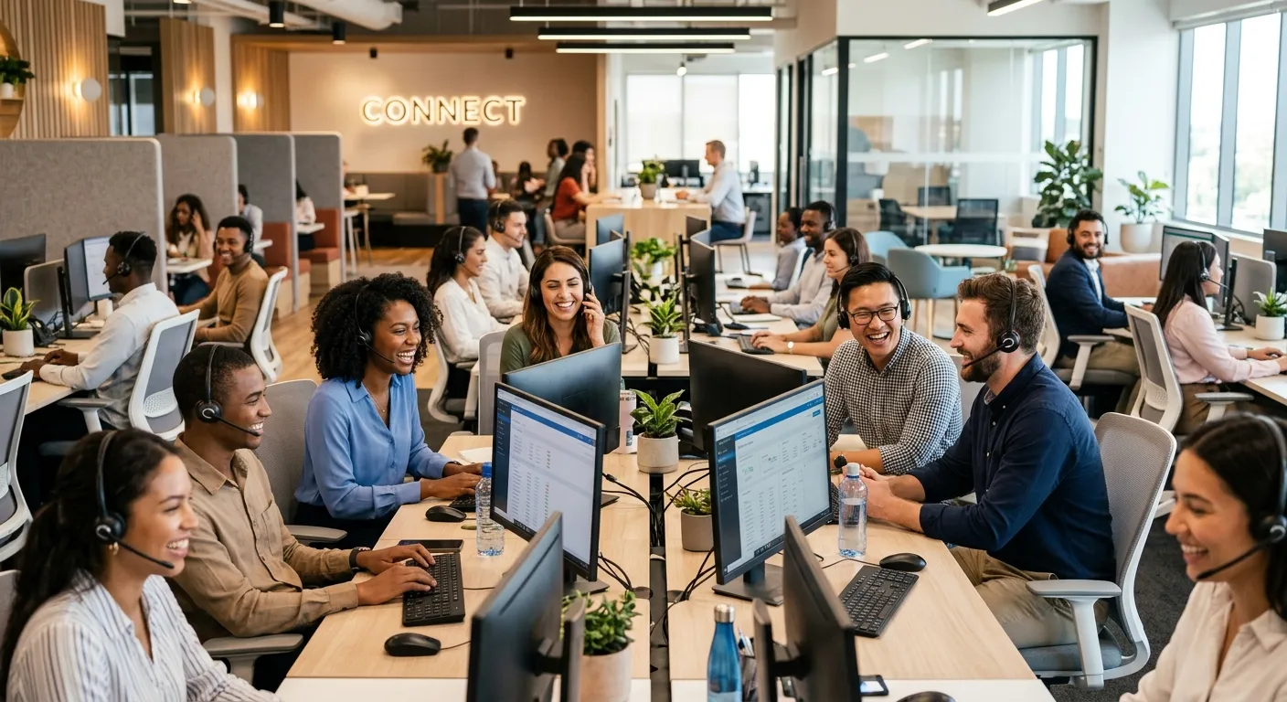 A professional, modern call centre environment with diverse young professionals wearing headsets, smiling and collaborating at bright workstations, warm lighting, contemporary office design, positive and energetic mood, high-resolution style.