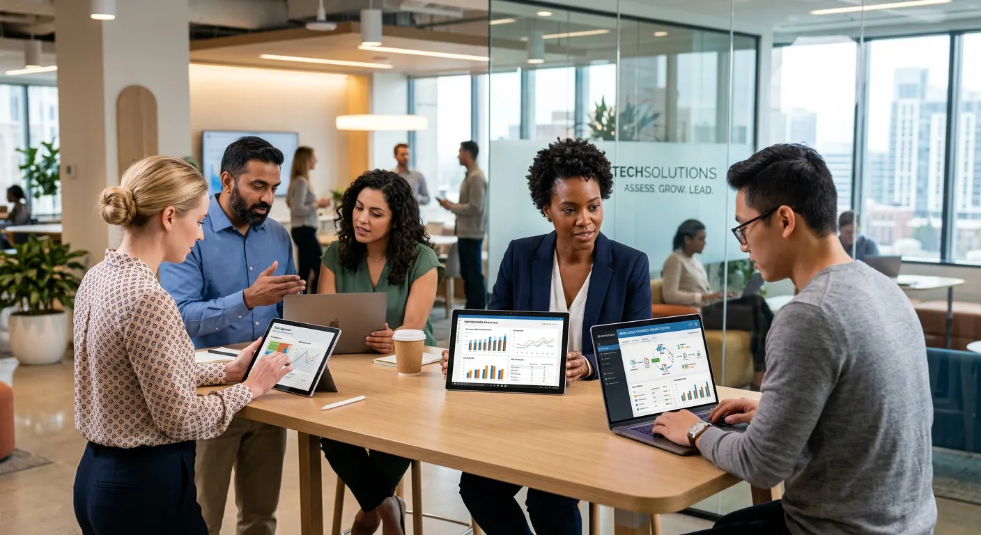 A modern, diverse group of professionals engaged with a sleek digital assessment interface on tablet... A modern, diverse group of professionals engaged with a sleek digital assessment interface on tablets and laptops, showing graphs and simulation scenarios. Style: Bright, clean, corporate tech mood.