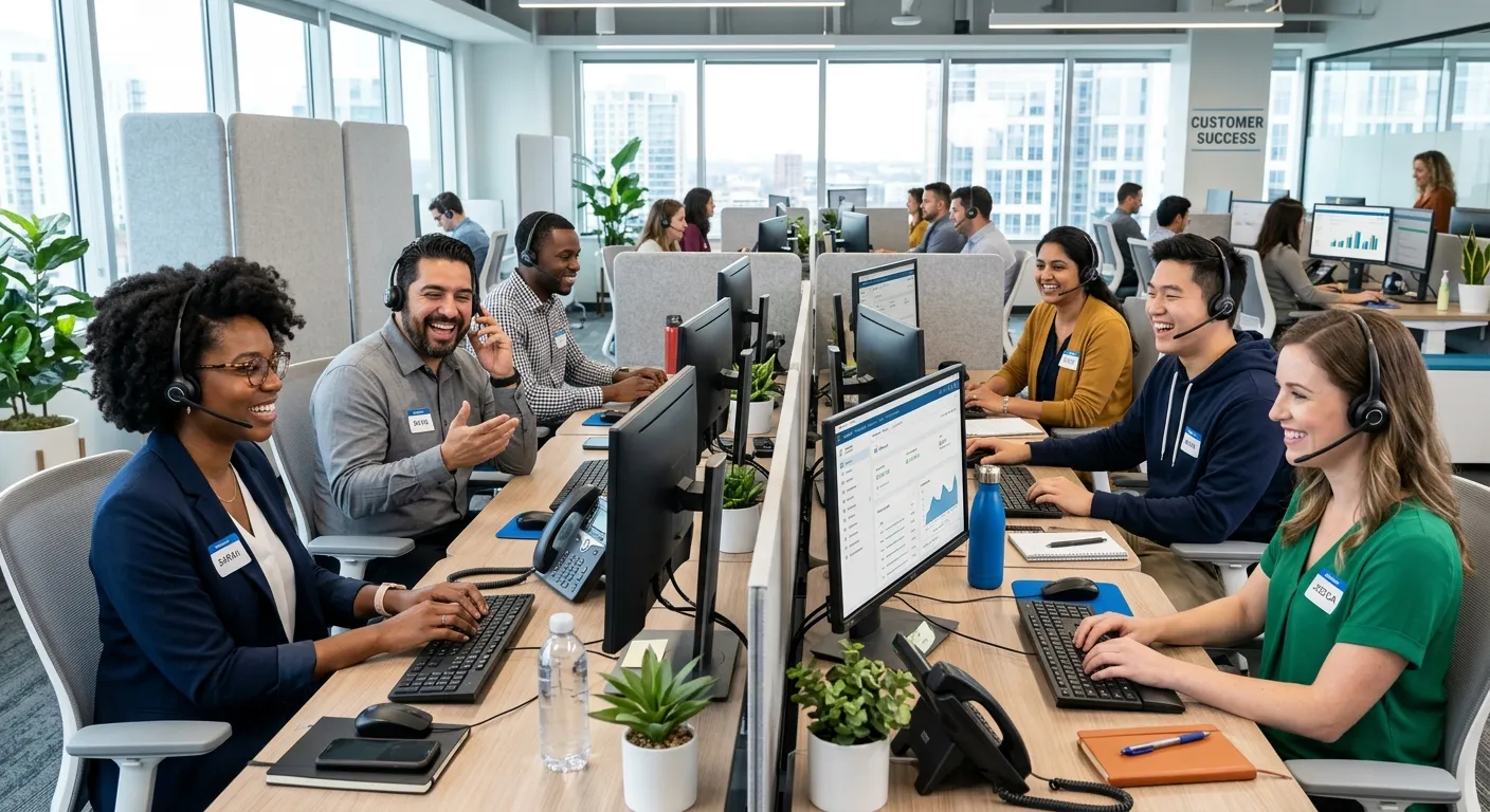 A diverse, professional team of customer service agents in a modern, bright call center or remote office setting, smiling and interacting with customers via headsets and computers. Professional, high-energy mood.
