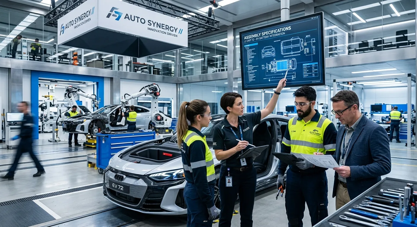 A dynamic, high-energy shot of a modern automotive workshop or factory floor, featuring skilled technicians and managers collaborating against a backdrop of sleek vehicles and advanced machinery. Professional, vibrant, and forward-looking mood.