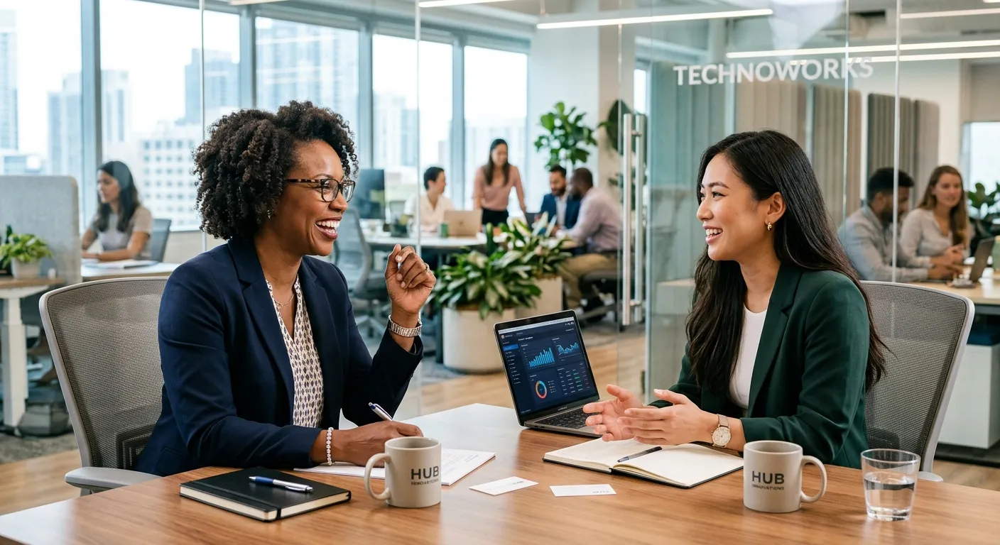 A dynamic, professional scene of a diverse hiring manager and candidate having a positive conversation in a modern office setting. Focus on collaboration and connection. Style: professional photography, bright and inviting.
