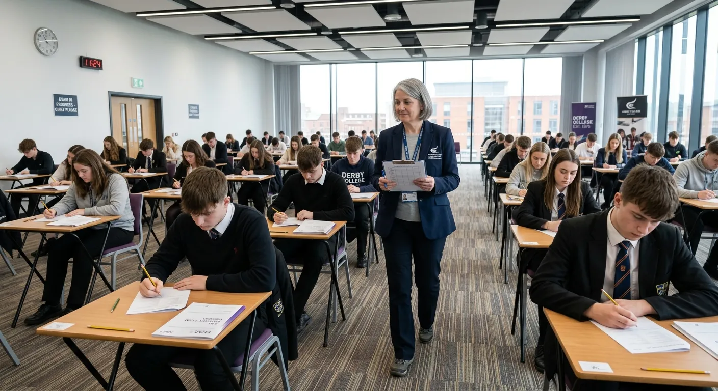 Professional, trustworthy image of an Exam Invigilator in a modern school or college examination hall in Derby, calmly overseeing students. The atmosphere should be orderly, calm, and professional.