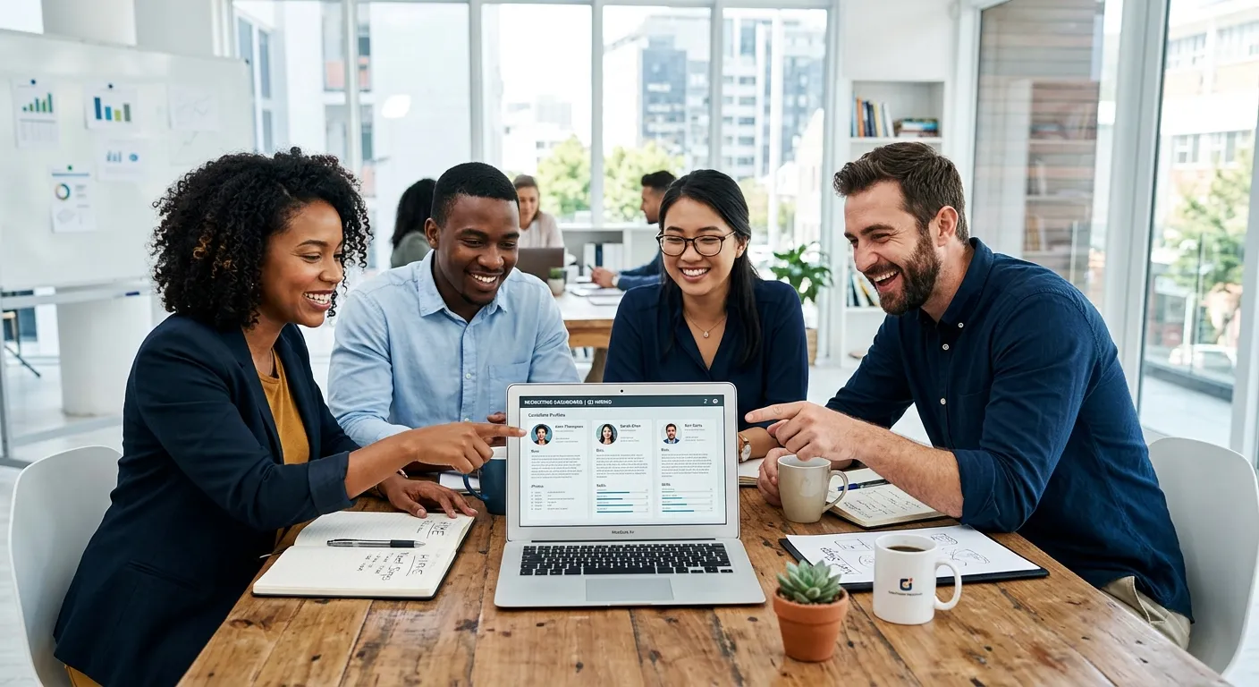A modern, diverse team of professionals in a bright office collaborating around a table, looking at... A modern, diverse team of professionals in a bright office collaborating around a table, looking at a laptop displaying candidate profiles. Style: Professional, optimistic, high-contrast. Mood: Collaborative and successful.
