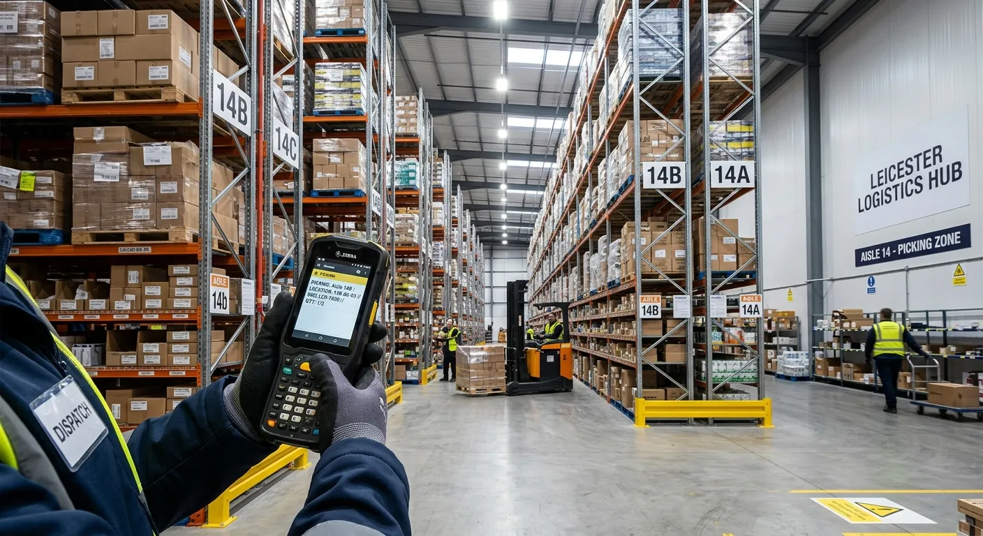 A first-person view from a dispatch operative's perspective, holding an RF scanner, looking down an... A first-person view from a dispatch operative's perspective, holding an RF scanner, looking down an aisle in a modern, well-lit Leicester warehouse with tall shelving units