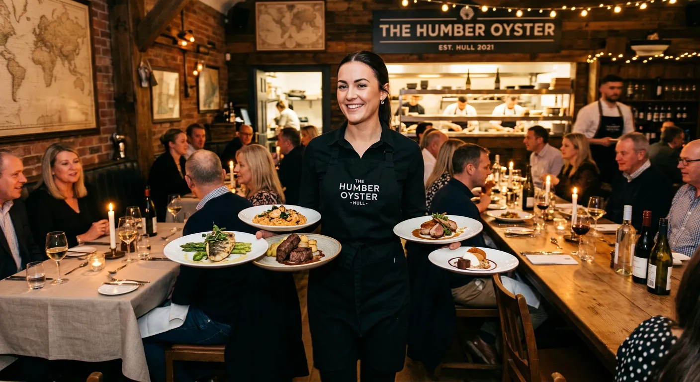 A professional, action-shot of a Food Runner in a busy, high-end restaurant in Hull, smiling and car... A professional, action-shot of a Food Runner in a busy, high-end restaurant in Hull, smiling and carrying multiple plates of beautifully presented food with confidence. The mood is energetic, professional, and welcoming.