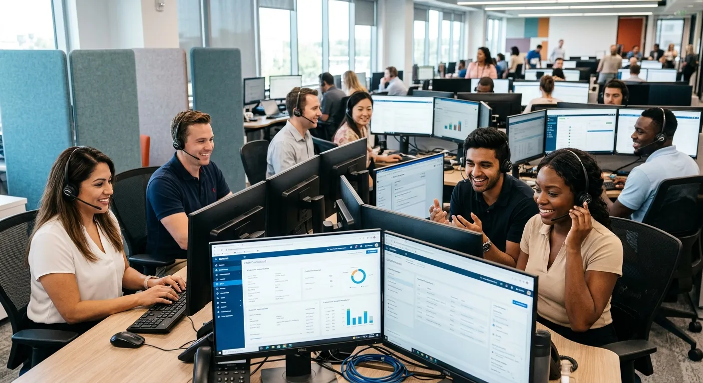 A professional, high-energy photo of a diverse customer service team in a modern call center. They a... A professional, high-energy photo of a diverse customer service team in a modern call center. They are smiling, wearing headsets, and working on multiple monitors. The mood is collaborative, efficient, and tech-savvy.