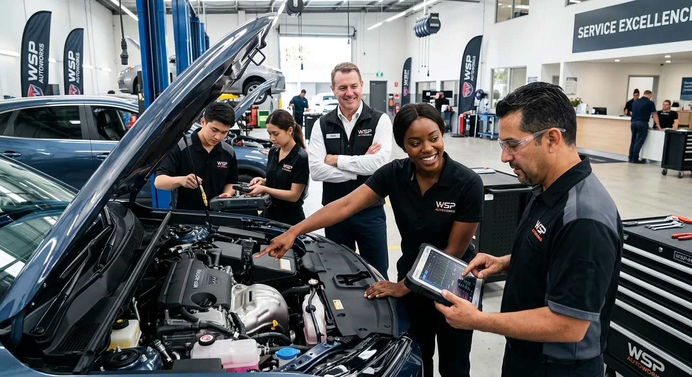 A dynamic, high-energy photo of a diverse team of automotive professionals in a modern workshop or dealership environment. One team member is pointing at a car engine, another is using a tablet, and a manager is smiling in the background. The style is bright, sharp, and professional, conveying expertise and teamwork.