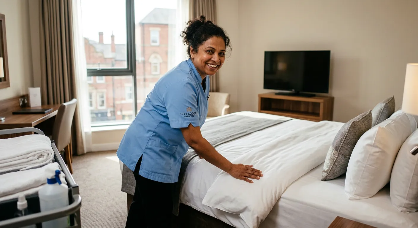Professional, friendly housekeeper in a clean, well-lit hotel room in Bradford, smiling and making a... Professional, friendly housekeeper in a clean, well-lit hotel room in Bradford, smiling and making a bed, representing a rewarding and immediate-start job opportunity.