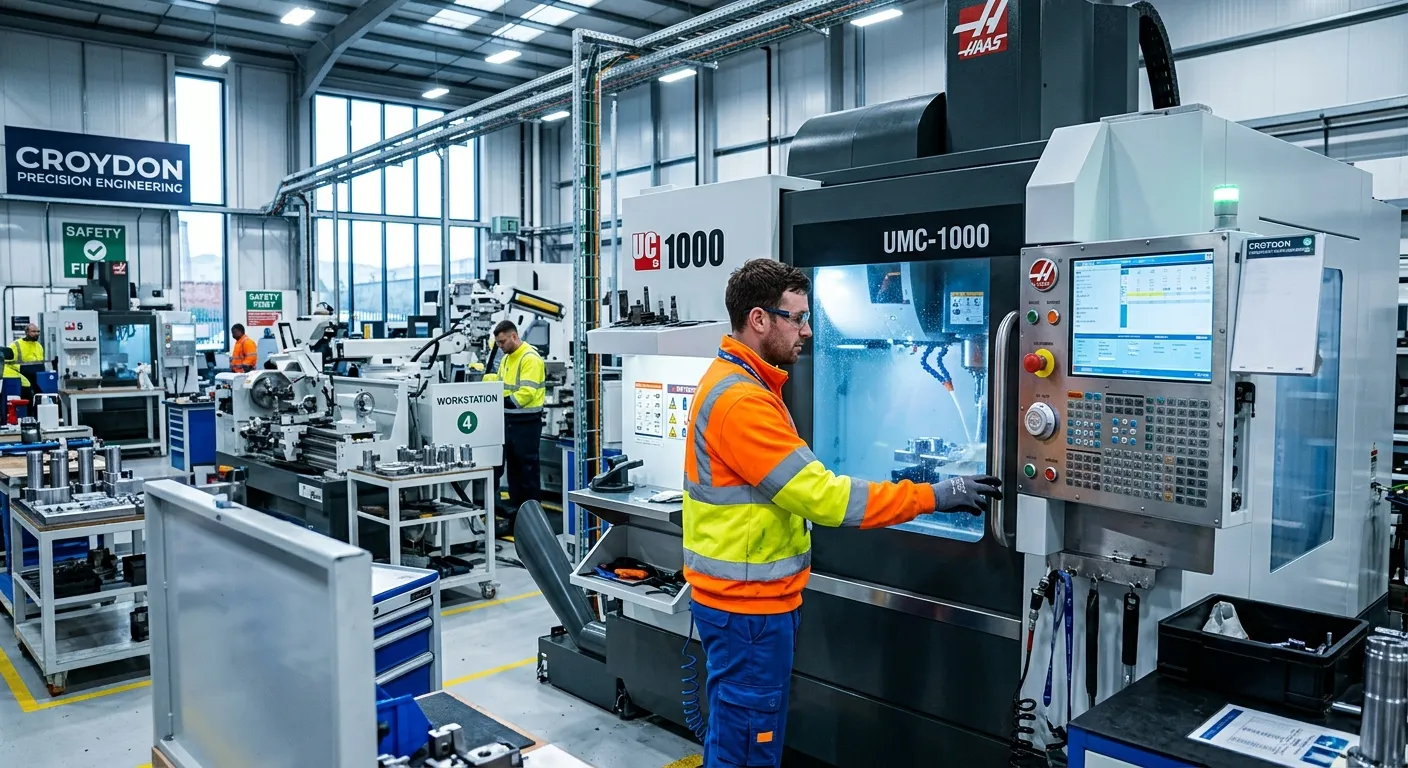 A dynamic, high-contrast photo of a modern, clean manufacturing facility in Croydon. Focus on a work... A dynamic, high-contrast photo of a modern, clean manufacturing facility in Croydon. Focus on a worker in high-visibility gear operating precision machinery, with bright LED lighting highlighting the technical environment. Mood: professional, efficient, and technologically advanced.