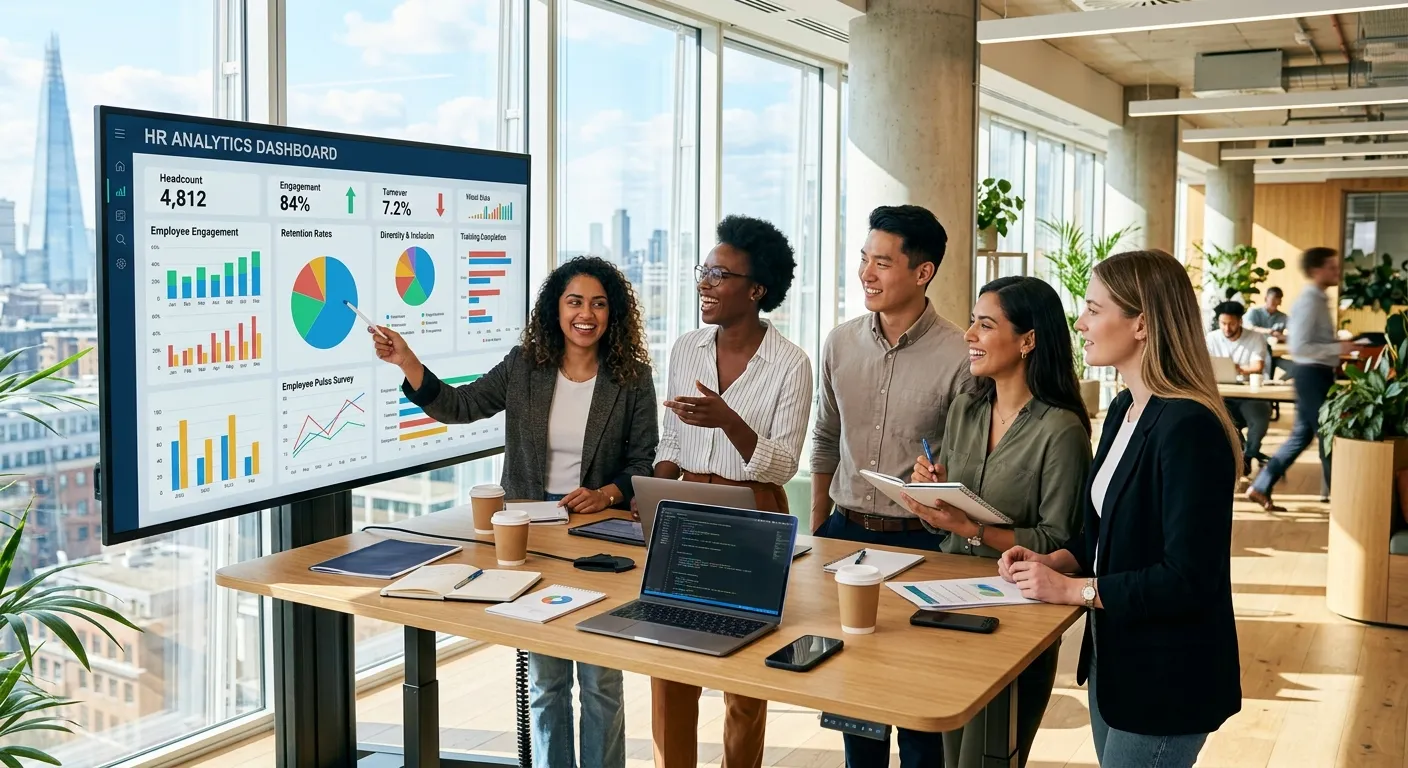 A modern, diverse team of professionals collaborating in a bright, sunlit office, looking at a digit... A modern, diverse team of professionals collaborating in a bright, sunlit office, looking at a digital dashboard displaying HR analytics. Style: professional, aspirational, and vibrant.