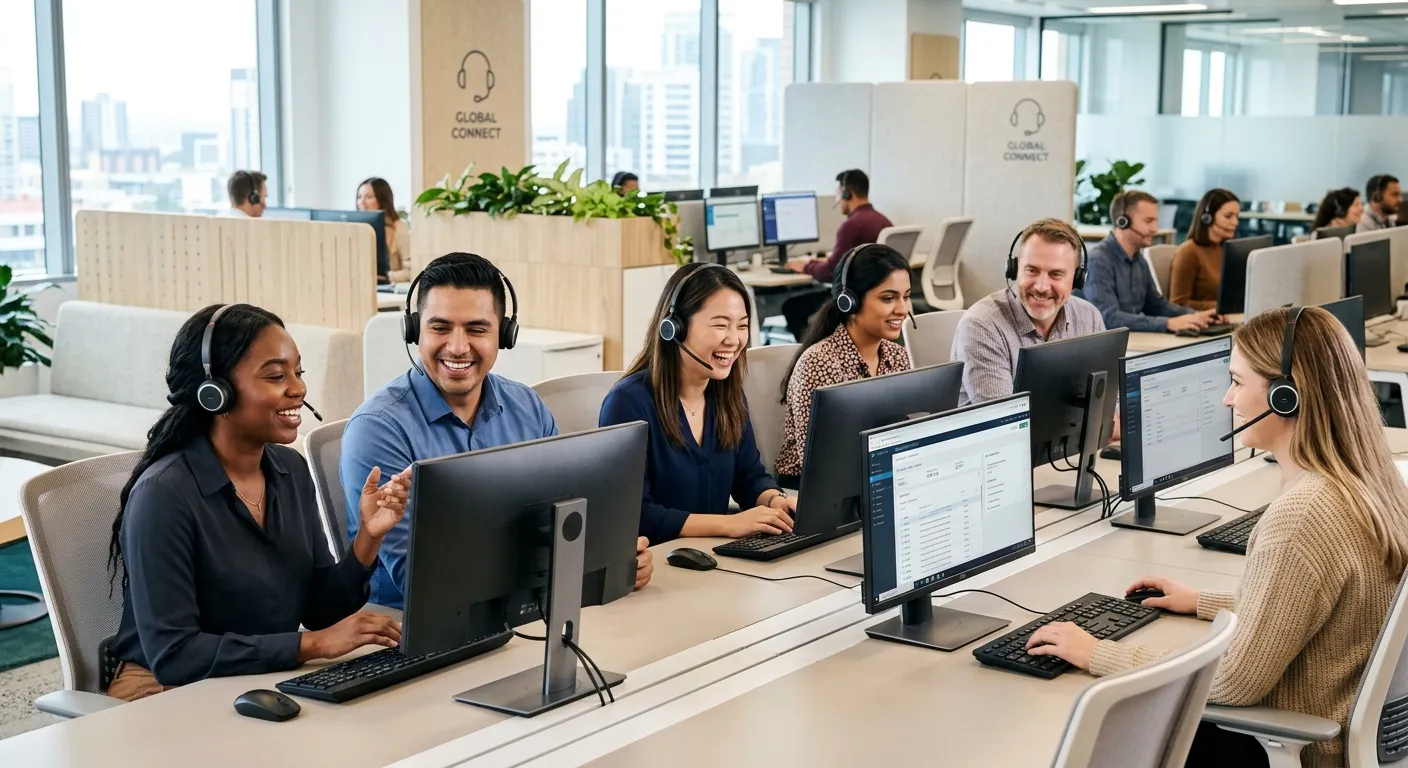 A diverse, professional team of customer service representatives in a modern call center or office environment, smiling and wearing headsets, with a clean and bright aesthetic. Focus on professionalism and teamwork.