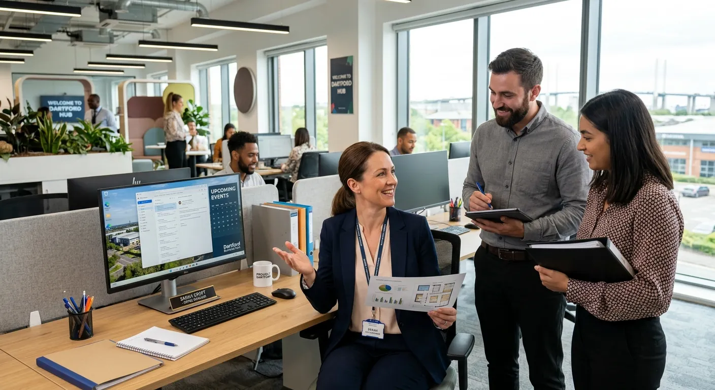 A professional, well-lit photo of a modern office environment in Dartford. Show a friendly Office Manager at a tidy desk, coordinating with team members. Style: Corporate, welcoming, and efficient. Mood: Organised, professional, and collaborative.