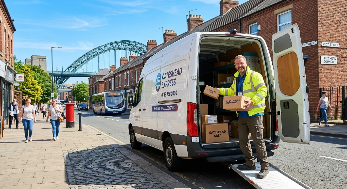 A professional and friendly van driver in high-visibility clothing, loading packages into a clean, m... A professional and friendly van driver in high-visibility clothing, loading packages into a clean, modern van on a street in Gateshead, with a bright, clear sky. The image should convey reliability, local knowledge, and a positive work environment.