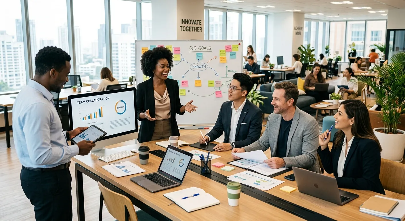 A diverse, professional team of employees collaborating in a modern, sunlit office. Style is corporate, aspirational, and high-energy, with a focus on teamwork and success.