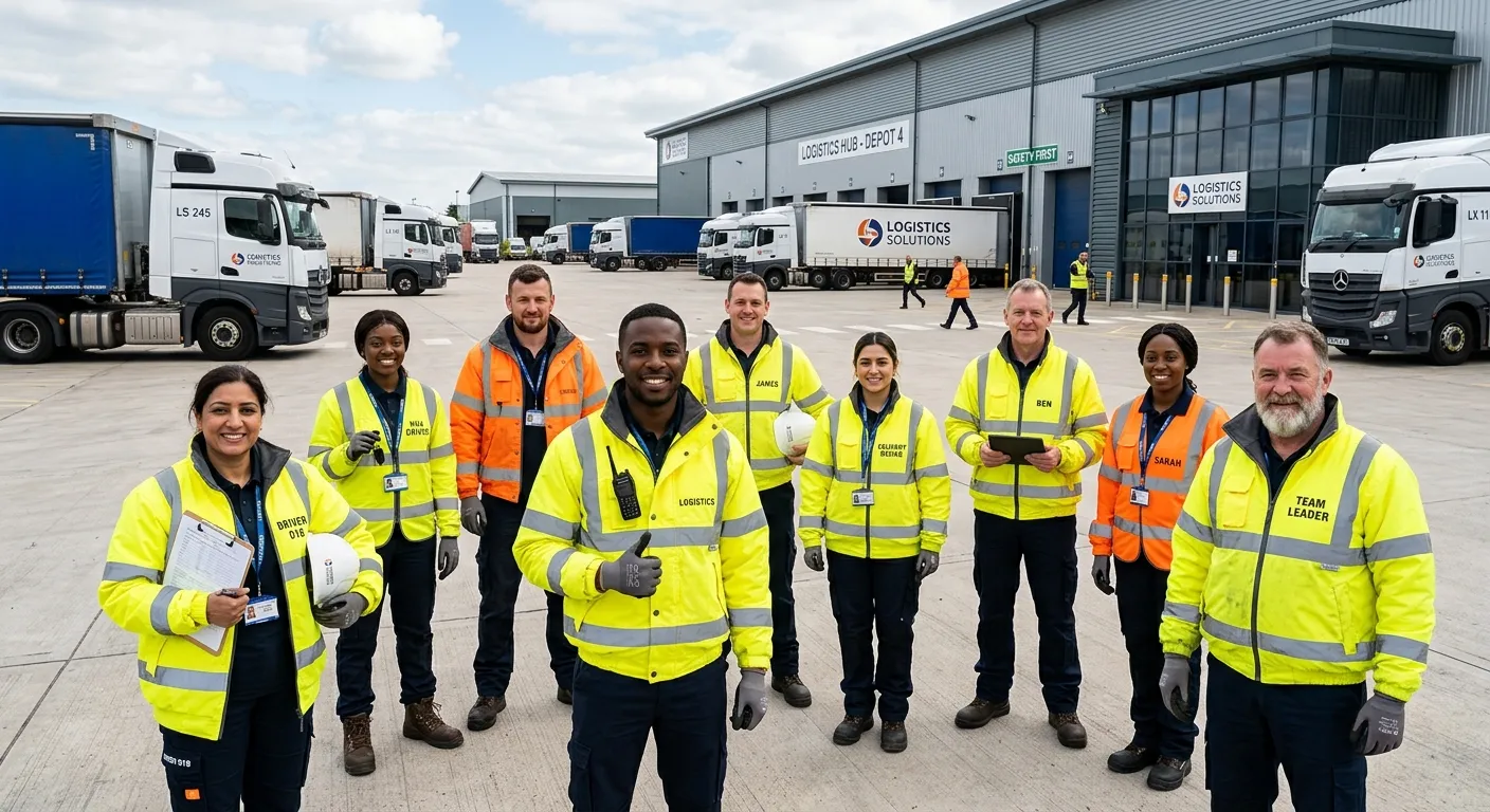 A professional, diverse group of HGV and delivery drivers in high-visibility jackets, standing confi... A professional, diverse group of HGV and delivery drivers in high-visibility jackets, standing confidently in front of a modern logistics depot. The image should convey reliability, safety, and teamwork, with a sharp, high-contrast style.