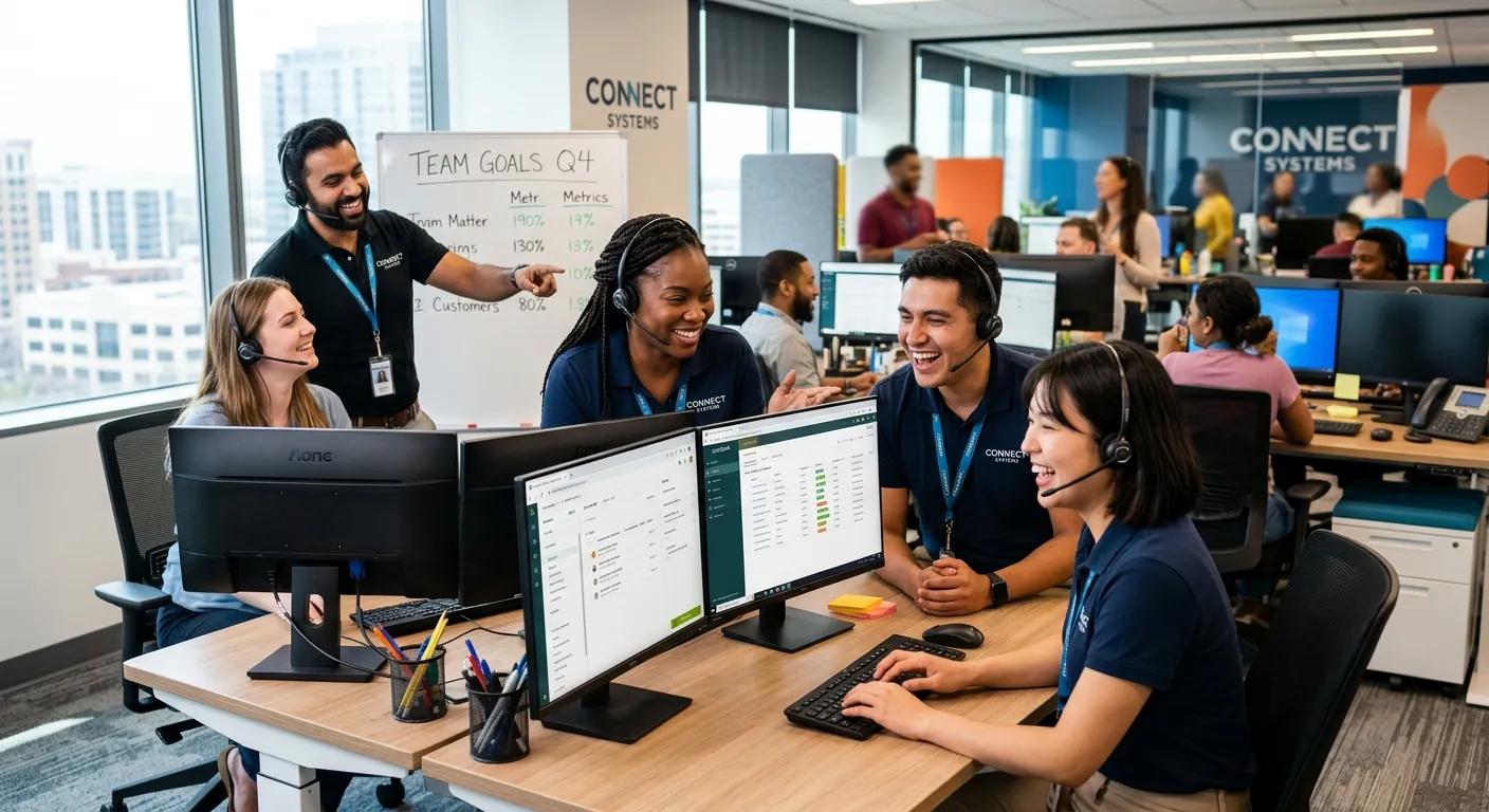A professional, high-energy photo of a diverse customer service team smiling and working together in... A professional, high-energy photo of a diverse customer service team smiling and working together in a modern call center or office environment, with a focus on collaboration and communication. Style: Bright, vibrant, and professional.