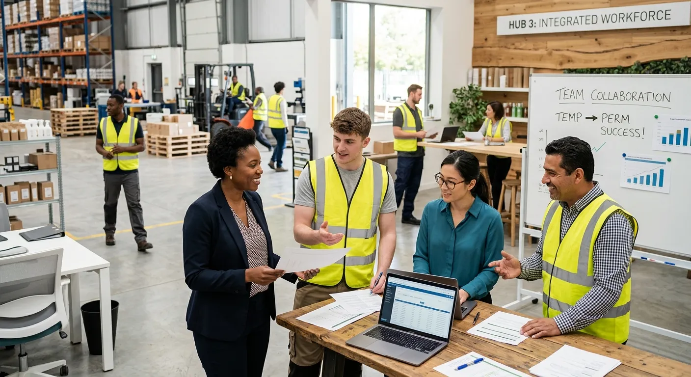 A diverse, professional team of office and warehouse workers collaborating in a modern, bright workspace. The image conveys flexibility, teamwork, and a seamless transition from temporary to permanent roles. Style: Authentic, high-resolution professional photography with a focus on human connection and productivity.