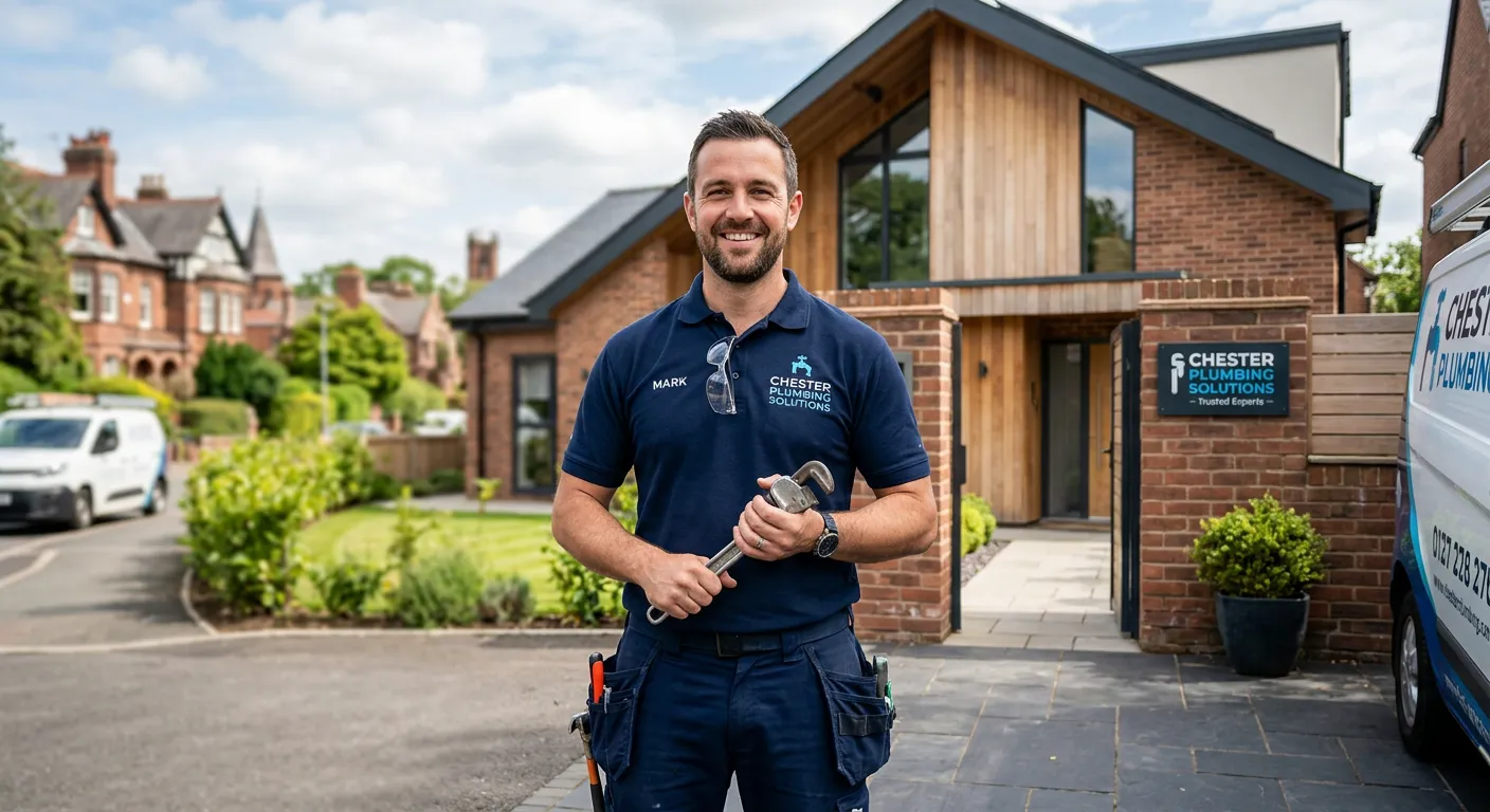 A professional, confident plumber in a clean work uniform smiling at the camera while holding a wren... A professional, confident plumber in a clean work uniform smiling at the camera while holding a wrench, set against a modern residential or commercial property backdrop in Chester, conveying trust and expertise.