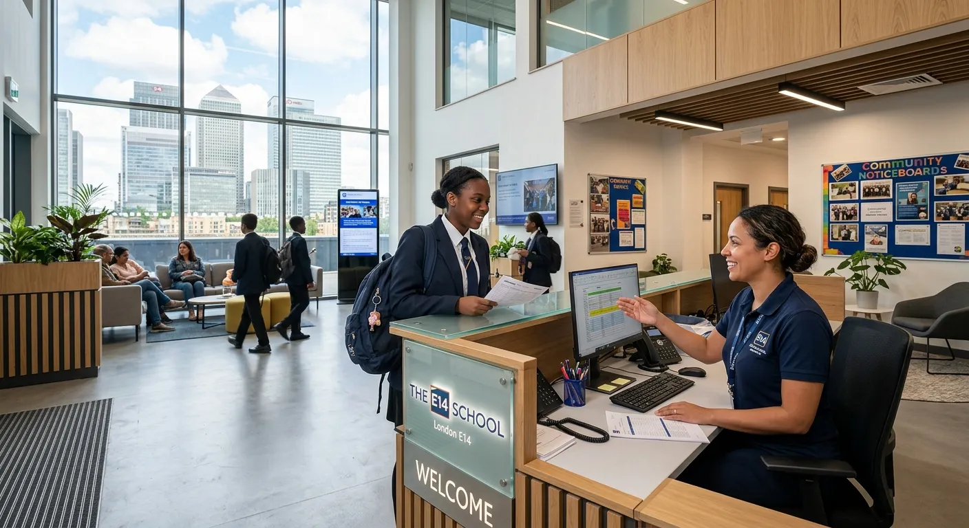A professional, welcoming image of a modern school reception area in the E14 postcode, featuring a f... A professional, welcoming image of a modern school reception area in the E14 postcode, featuring a friendly admin staff member assisting a student. The mood is efficient, supportive, and community-focused.