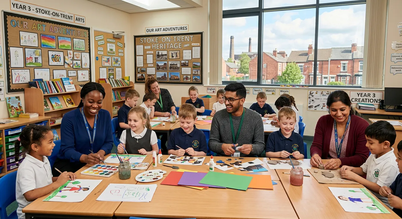A diverse, professional group of Teaching Assistants smiling and collaborating in a bright, modern p... A diverse, professional group of Teaching Assistants smiling and collaborating in a bright, modern primary school classroom in Stoke-on-Trent. They are helping children with an art project, conveying a supportive, positive, and local educational atmosphere.