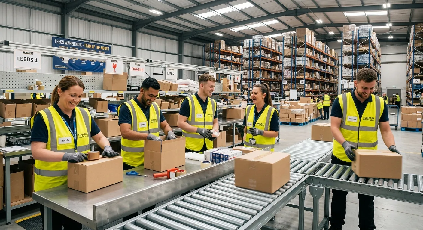 A dynamic, professional photo of a team of production packers in a modern, clean warehouse in Leeds,... A dynamic, professional photo of a team of production packers in a modern, clean warehouse in Leeds, efficiently packing goods. They are smiling and wearing high-visibility vests, conveying teamwork and a positive work environment.