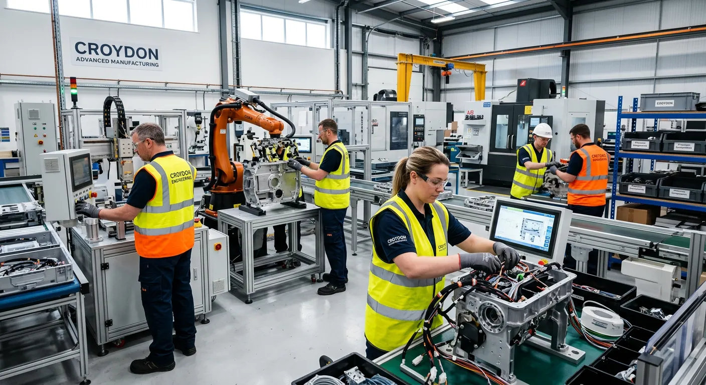 A dynamic, high-energy shot inside a modern, clean manufacturing facility in Croydon. Workers in hig... A dynamic, high-energy shot inside a modern, clean manufacturing facility in Croydon. Workers in high-visibility vests and safety gear operate advanced machinery and assemble components. The image should convey technology, precision, and skilled teamwork.
