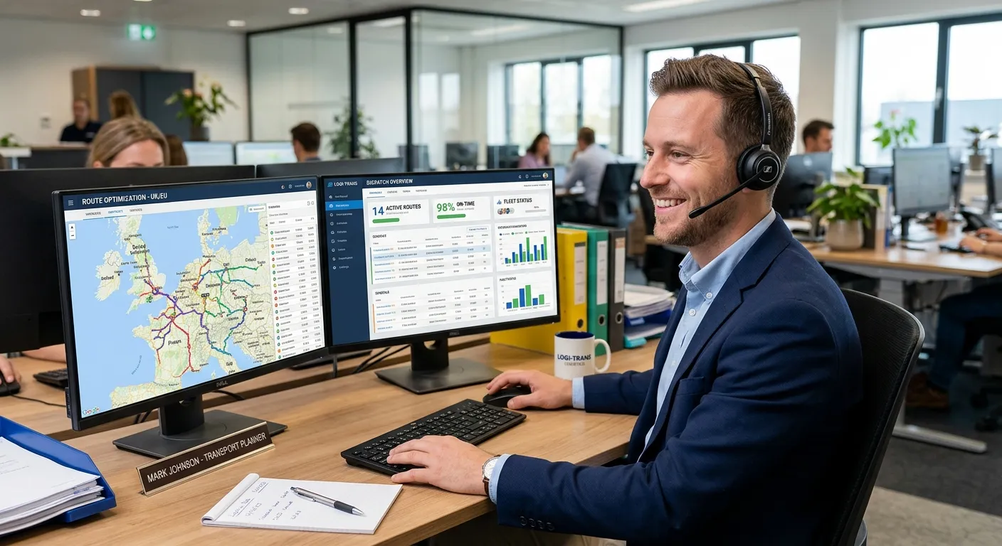 A professional, smiling man in a office setting wearing a headset, looking at a dual-monitor screen... A professional, smiling man in a office setting wearing a headset, looking at a dual-monitor screen showing route planning software, representing a successful Transport Planner