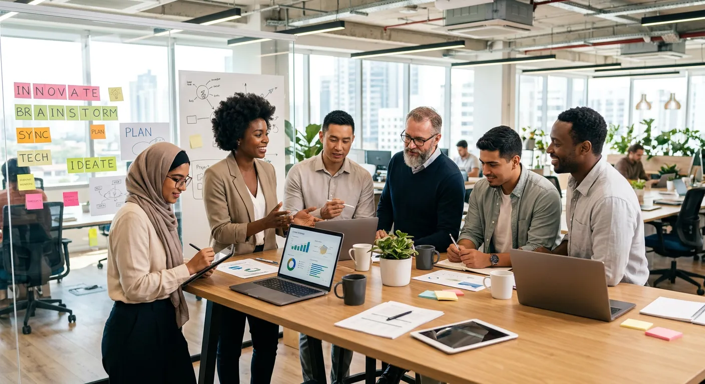 A modern, diverse team of professionals collaborating in a bright, open-plan office. Style: Professi... A modern, diverse team of professionals collaborating in a bright, open-plan office. Style: Professional, vibrant, and forward-looking. Mood: Collaborative, innovative, and efficient.